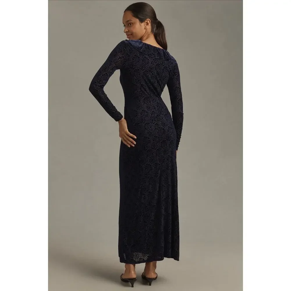 Anthropologie Blue Velvet Ruched Maxi Dress Size Med Ruffle Bodycon Formal - Picture 7 of 15